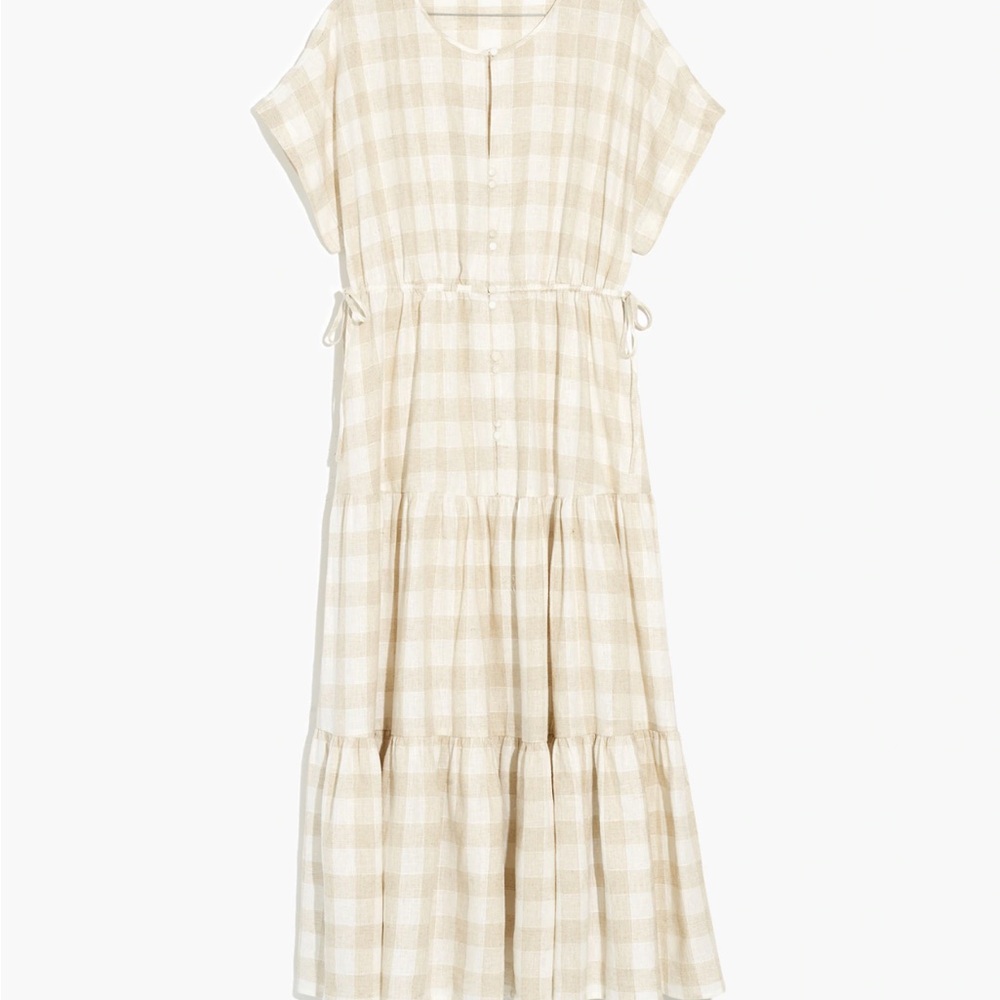 Madewell Beige and White Gingham Tiered Midi Dress
